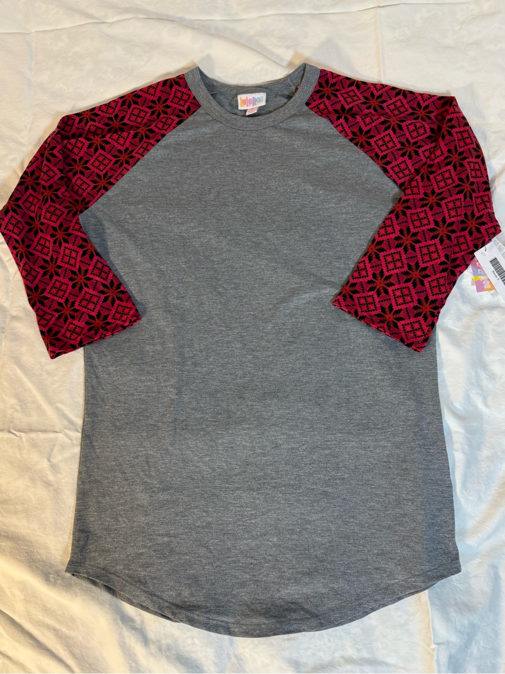 LuLaRoe Randy Gray Baseball Tee with Red Patterned Sleeves size small